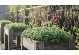 Urbaner Garten zum Bepflanzen mit Pflanztischen aus Holz Urbaner Garten zum Bepflanzen mit Pflanztischen aus Holz